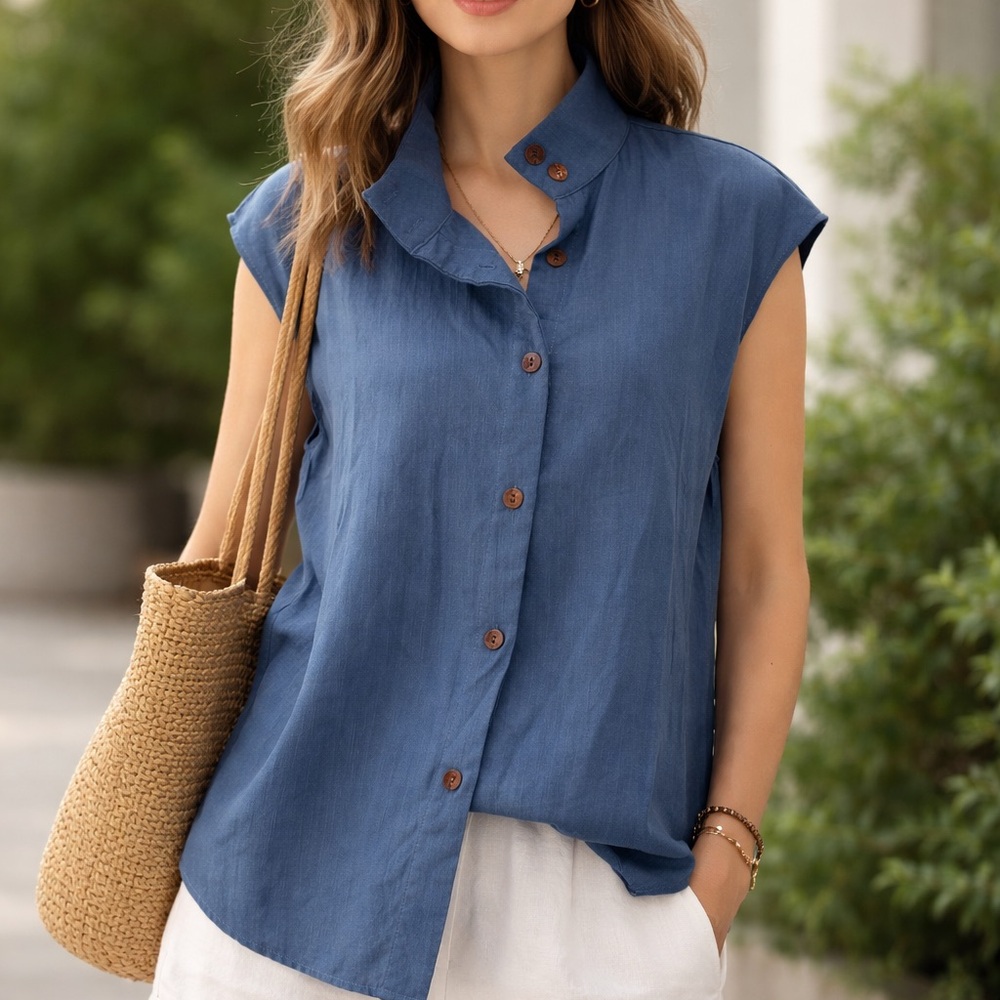 SHEIN Blue Button-Down Sleeveless Shirt BRAND NEW